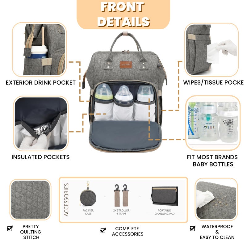 ROSEGIN Baby Diaper Bag Backpack with Changing Pad, Pacifier Case, for Boy Girl Toddler - Large, Stylish, Waterproof Travel Quilted Diaper Bag for Mom - Baby Shower Gifts - Grey - Image 3