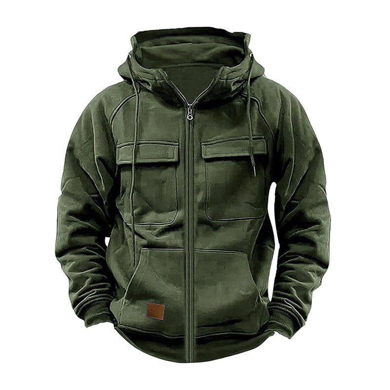Generic Autumn and Winter Popular Mens Hooded Sweatshirt Loose Casual Jacket Multi-Pocket Design Trendy Retro Solid Color Outfit Army green 