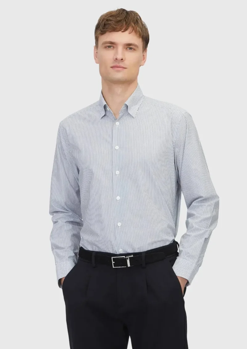 رامسي قميص قطني 100%، رمادي مخطط، بقصة كاجوال مريحة