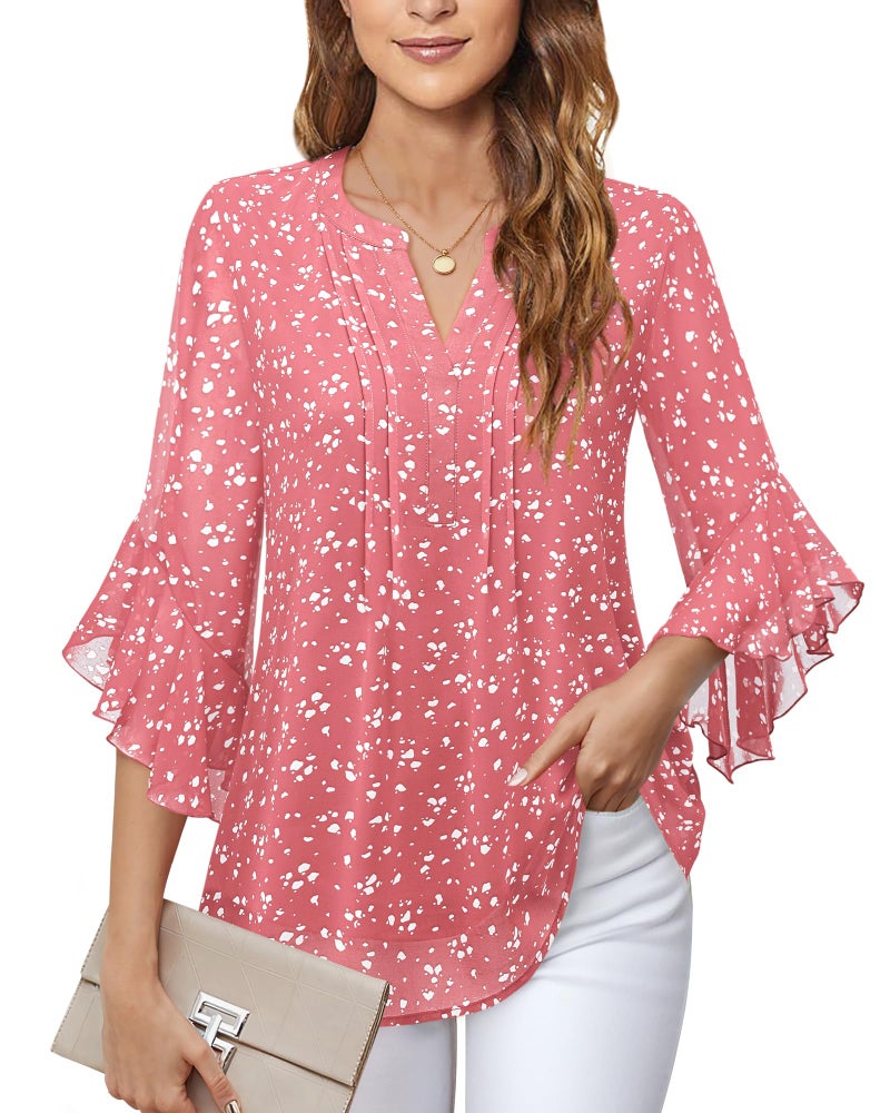 Timeson Womens Business Casual Tops: Office Work - Dressy Blouses for Women - 3/4 Sleeve Shirts for Women Plus Size Tunic for Leggings Chiffon Professional Attire Fashion 2026 No Iorn Spotted Pink 2XL - Image 3