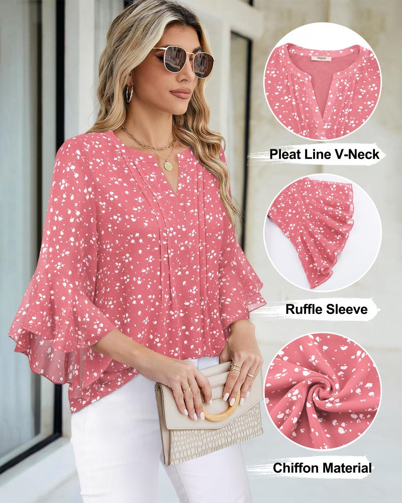 Timeson Womens Business Casual Tops: Office Work - Dressy Blouses for Women - 3/4 Sleeve Shirts for Women Plus Size Tunic for Leggings Chiffon Professional Attire Fashion 2026 No Iorn Spotted Pink 2XL - Image 4