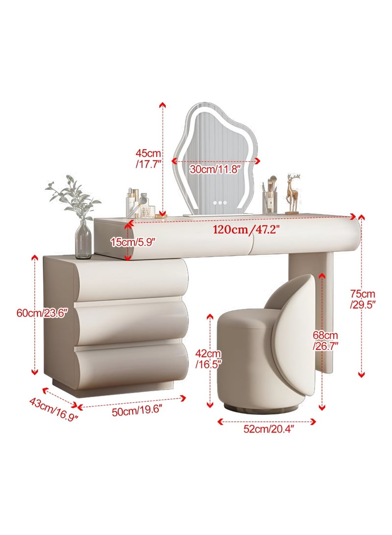 أيه دابليو دي طقم تسريحة عصري بلون كريمي مع مرآة LED وكرسي مبطن – طاولة مكياج فاخرة بتصميم عصري وأدراج تخزين – مثالية لغرف النوم - Image 4