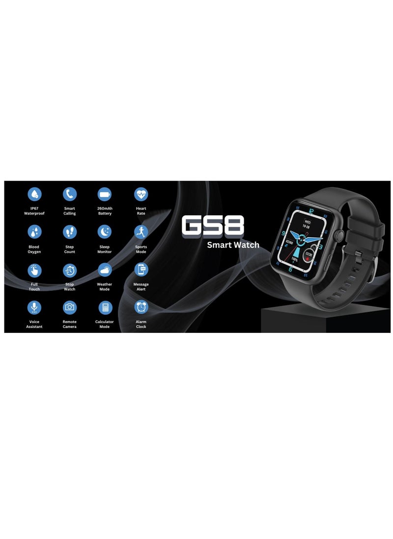 GS8 Smartwatch 1.83 Inches with 1 Extra Strap Bule - 260mAh Battery 5-7 Days Battery Time, IP67 Waterproof, Support calling Silver