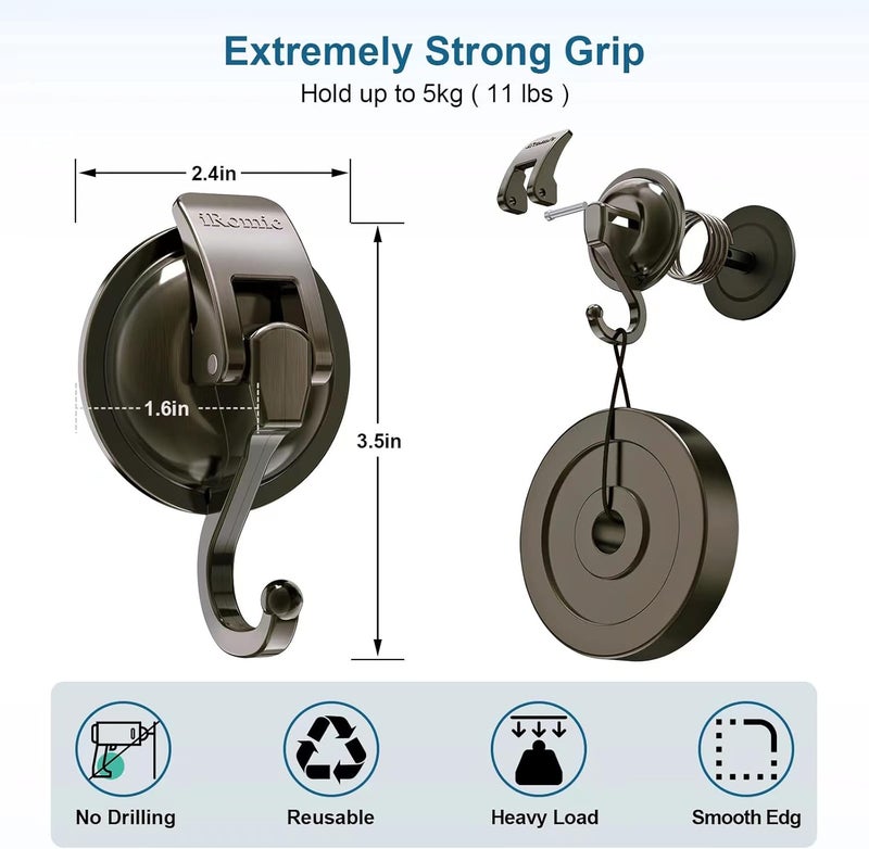 iRomic Heavy Duty Vacuum Suction Cup Hooks (4Pack) for Shower,Glass Window,Kitchen&Bathroom&Restroom Organization，Green Bronze. - Image 2