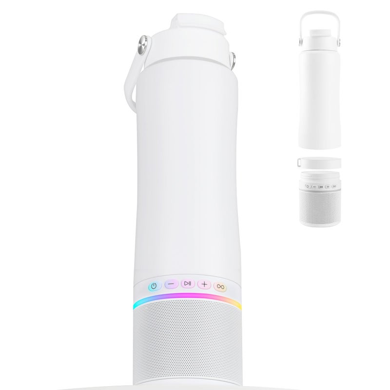 KAKULO Water Bottle with Portable Bluetooth Speaker - Modular Insulated Water Bottles w/Handle, BT5.3, TWS Pairing Speaker and Stainless Steel Cups for Camping Sports Beach (White) - Image 1