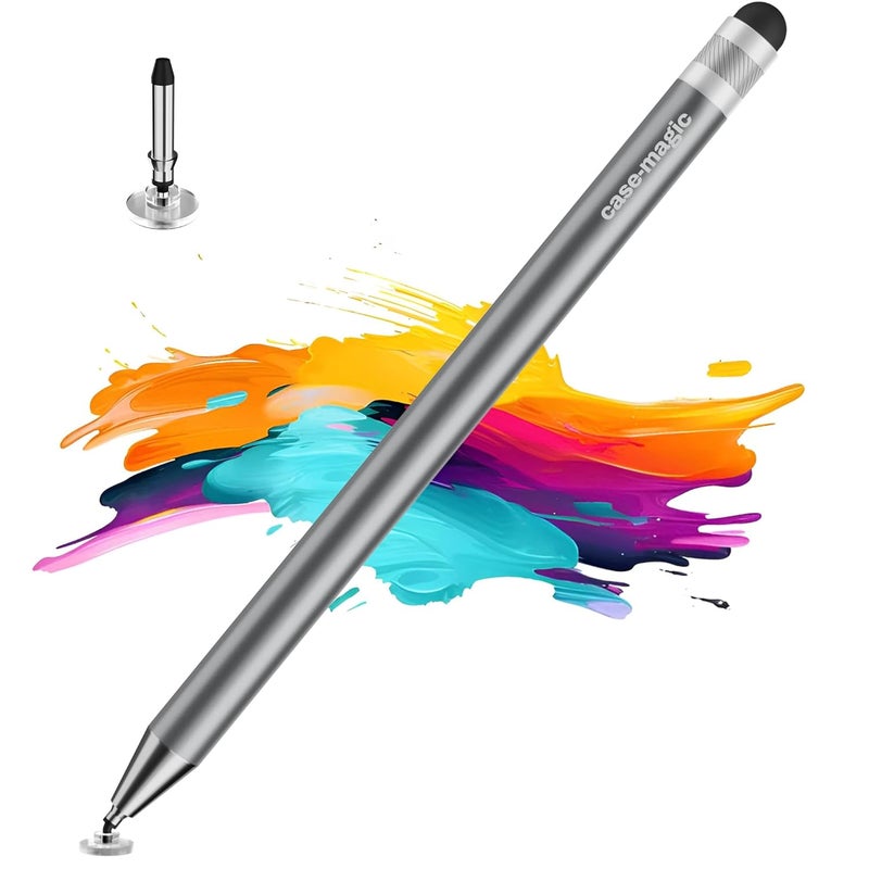 case-magic 2 in 1 Universal Stylus Pen with Fine Point Disc Tip+ Rubber Fiber Tip| for Smartphone/Tablet/iPad/Pro/Air/iPhone/iOS/Android/All Touch Screens| Aluminum Body (Grey) - Image 1