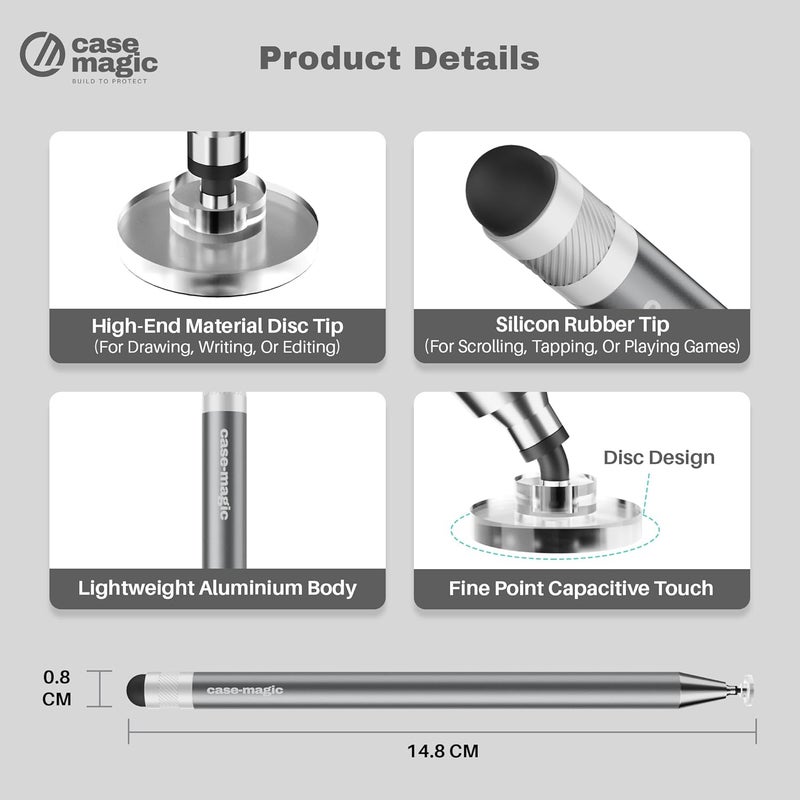 case-magic 2 in 1 Universal Stylus Pen with Fine Point Disc Tip+ Rubber Fiber Tip| for Smartphone/Tablet/iPad/Pro/Air/iPhone/iOS/Android/All Touch Screens| Aluminum Body (Grey) - Image 4