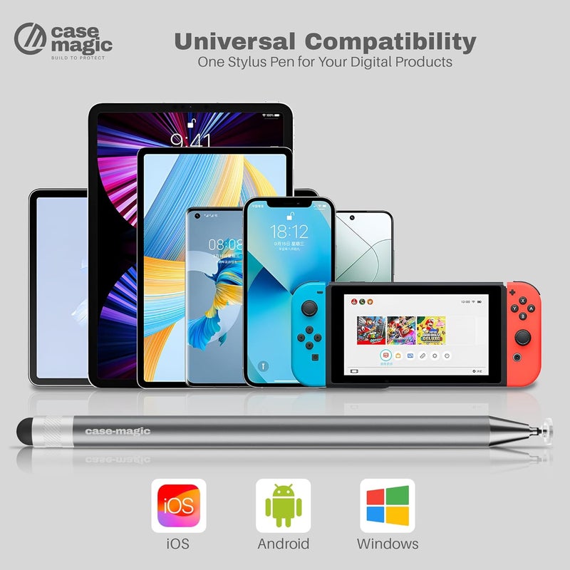 case-magic 2 in 1 Universal Stylus Pen with Fine Point Disc Tip+ Rubber Fiber Tip| for Smartphone/Tablet/iPad/Pro/Air/iPhone/iOS/Android/All Touch Screens| Aluminum Body (Grey) - Image 5