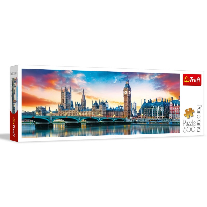 Trefl Panorama Big Ben and Palace of Westminster, London 500 Piece Jigsaw Puzzle Red 26"x9" Print, DIY Puzzle, Creative Fun, Classic Puzzle for Adults and Children from 10 Years Old - Image 1