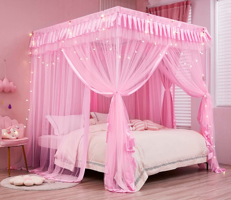 Mengersi Canopy Bed Curtains Queen Size,Bed Canopy for Girls Princess Bed Canopies Drapes Mosquito Net -Bedroom Decor,Pink - Image 1
