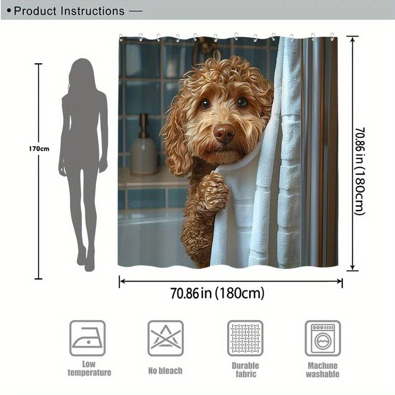 1pc Adorable Poodle Puppy Peeking Over Bath Towel Digital Shower Curtain Cute Cozy Bathroom Decor Realistic Dog Design Polychrome 70.87x70.87 Inch Perfect Moving Gift - Image 3