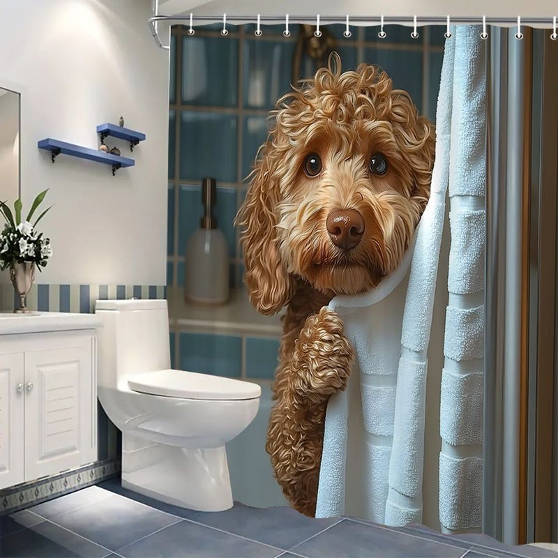 1pc Adorable Poodle Puppy Peeking Over Bath Towel Digital Shower Curtain Cute Cozy Bathroom Decor Realistic Dog Design Polychrome 70.87x70.87 Inch Perfect Moving Gift - Image 2