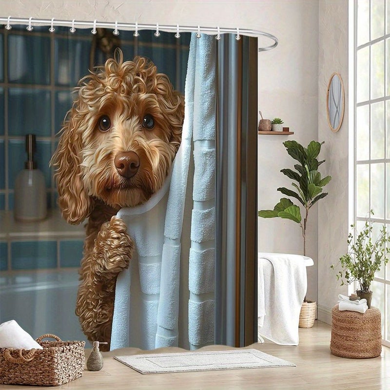 1pc Adorable Poodle Puppy Peeking Over Bath Towel Digital Shower Curtain Cute Cozy Bathroom Decor Realistic Dog Design Polychrome 70.87x70.87 Inch Perfect Moving Gift - Image 5