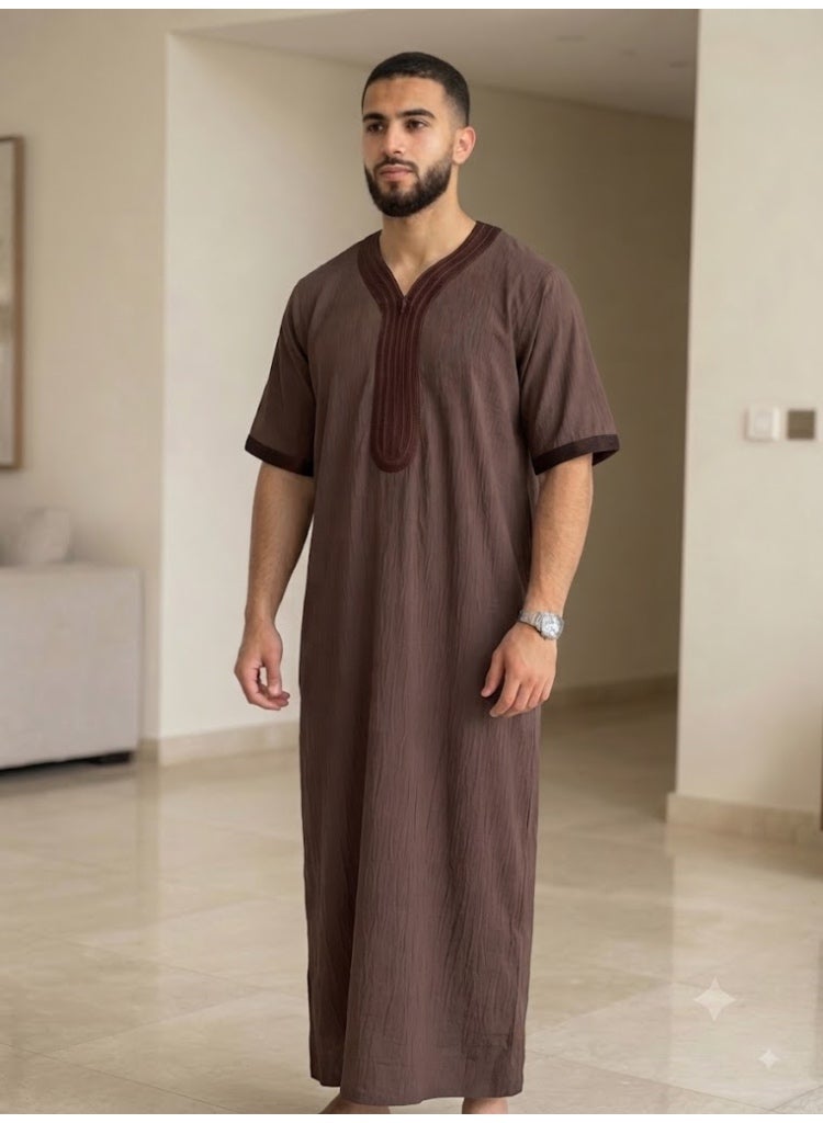AMYAE Brown Emirati Kandura for Men | Traditional Arabic Thobe | UAE Gulf Kandora | Elegant Islamic Men’s Clothing for Eid, Friday Prayer & Special Occasions | Free Size - Image 3