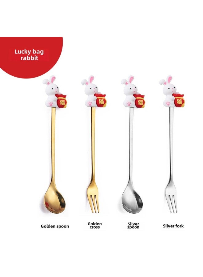 W Cartoon Doll Spoon Q Version Christmas Spoon Mixing Spoon Cute Lucky Bag Rabbit Fork Dessert Spoon With Hand Gift Spoon Fork-Color:Gold-spoon-Specifications:Lucky Bag Rabbit  - Image 1