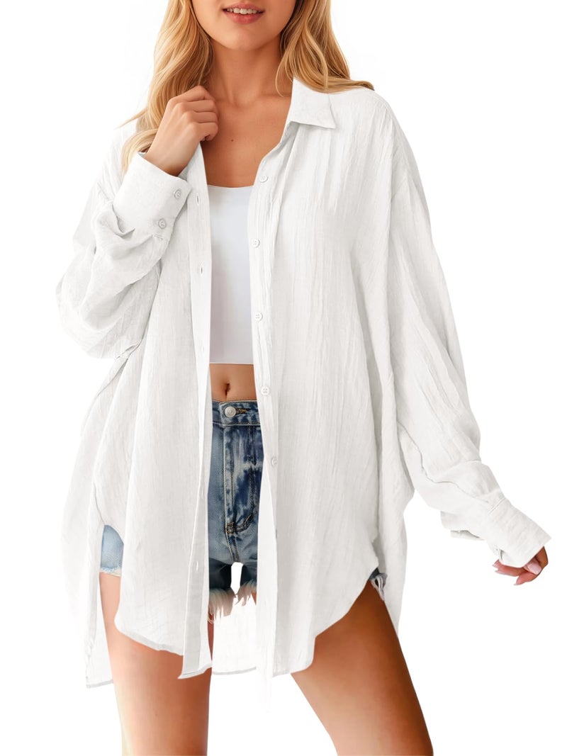 Saodimallsu Womens Oversized Button Down Shirts Long Sleeve Irregular Hem Blouse Tops White - Image 1