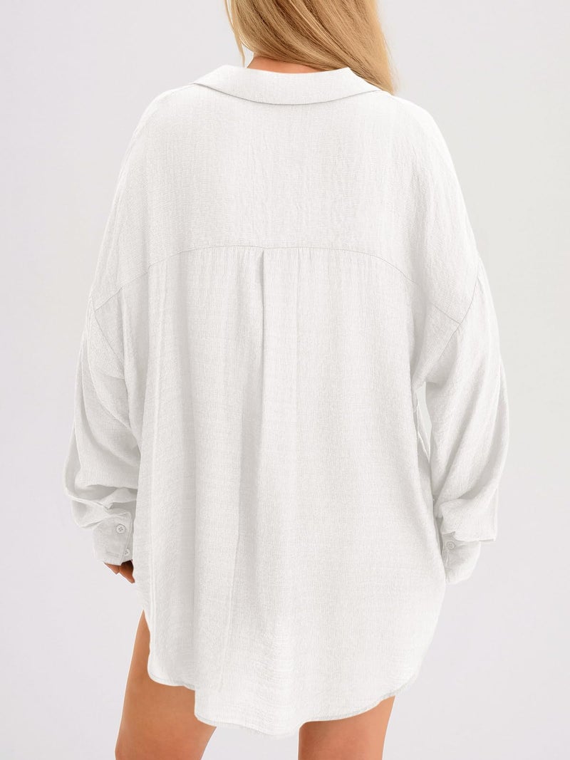 Saodimallsu Womens Oversized Button Down Shirts Long Sleeve Irregular Hem Blouse Tops White - Image 5