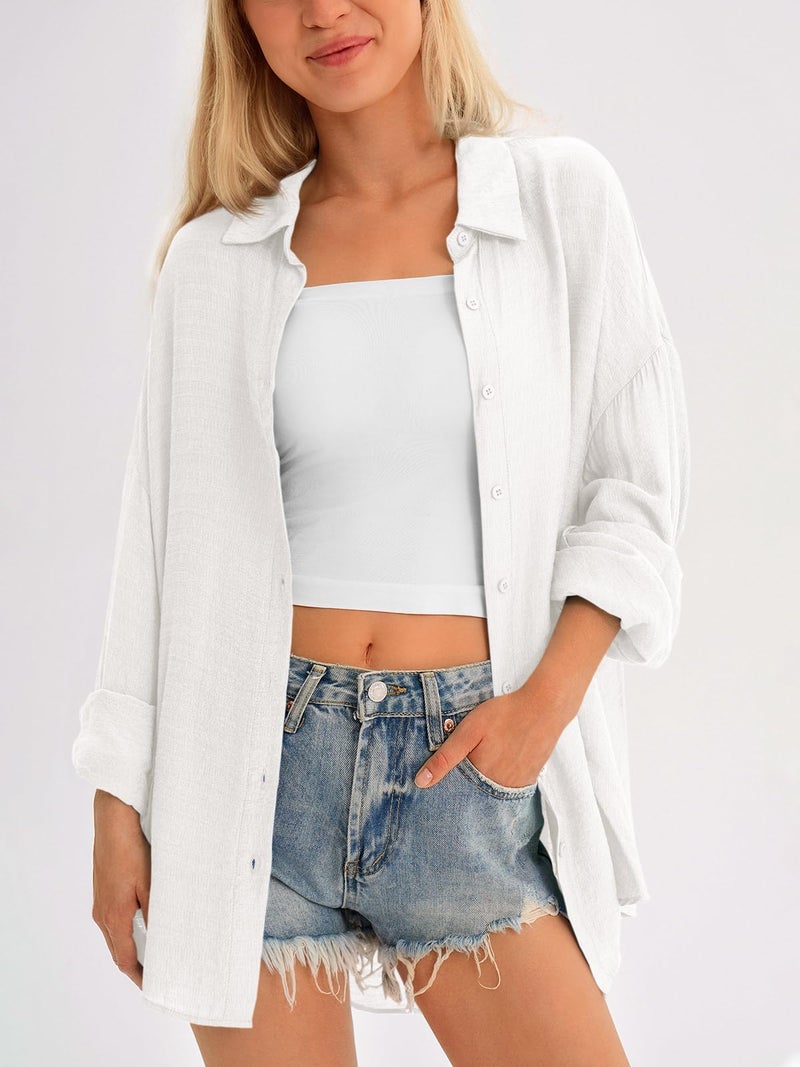 Saodimallsu Womens Oversized Button Down Shirts Long Sleeve Irregular Hem Blouse Tops White - Image 2