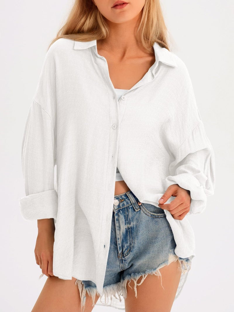 Saodimallsu Womens Oversized Button Down Shirts Long Sleeve Irregular Hem Blouse Tops White - Image 4