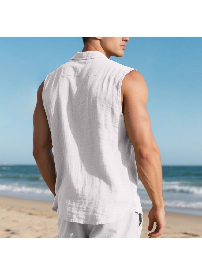 Loose Linen Sleeveless Collared Beach Shirt Casual Summer Fashion for Men  Open Cardigan Style Clothing  - Image 3