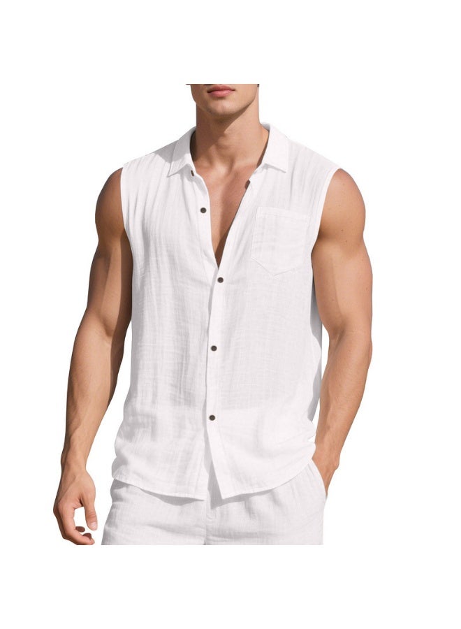 Loose Linen Sleeveless Collared Beach Shirt Casual Summer Fashion for Men  Open Cardigan Style Clothing  - Image 2