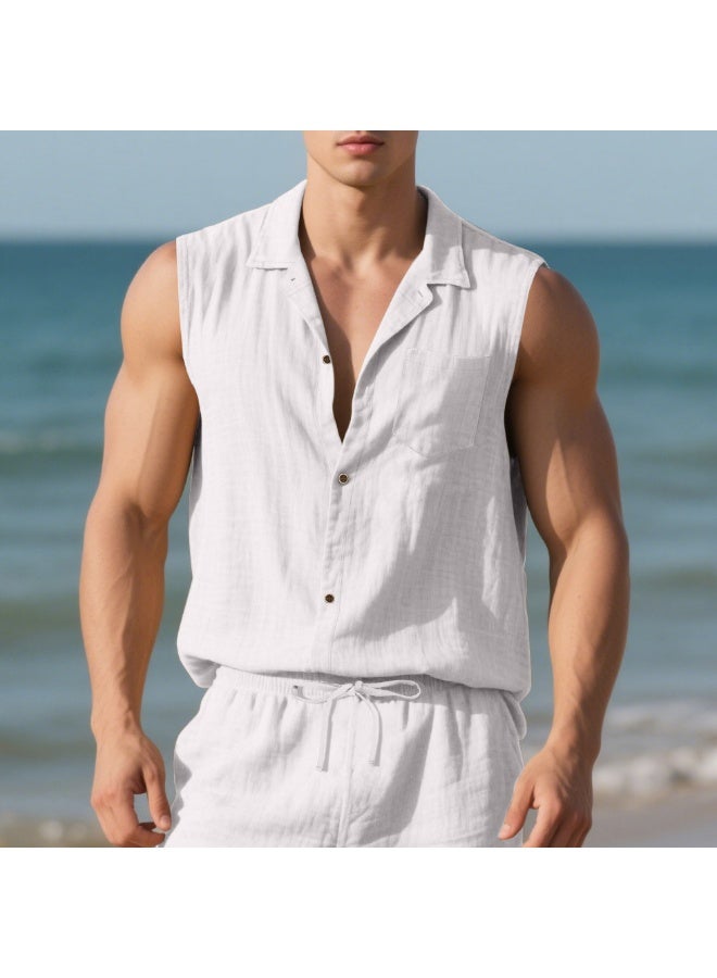 Loose Linen Sleeveless Collared Beach Shirt Casual Summer Fashion for Men  Open Cardigan Style Clothing  - Image 1