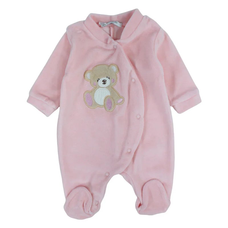 Pompelo Baby Girls Velvet Baby Bodysuit – Pink with a Bear Design - Image 1