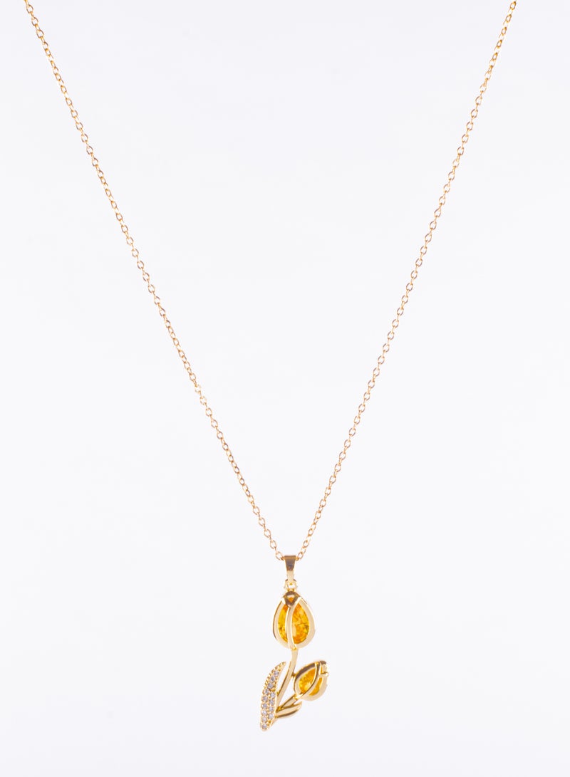 Stainless Steel Necklace Golden with a Orange Crystal Rose Pendant
