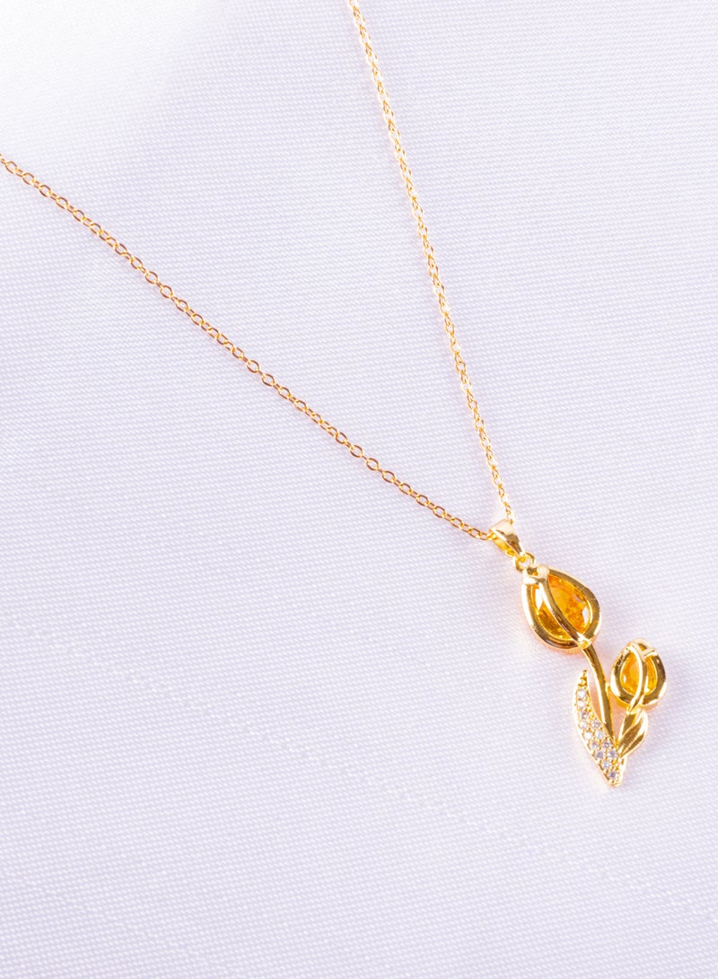 Stainless Steel Necklace Golden with a Orange Crystal Rose Pendant