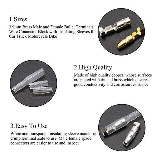 DYWISHKEY 320Pieces 3.9mm Brass Male and Female Bullet Terminals Wire Connector Block with Insulating Sleeves for Car Truck Motorcycle Bike - Image 4