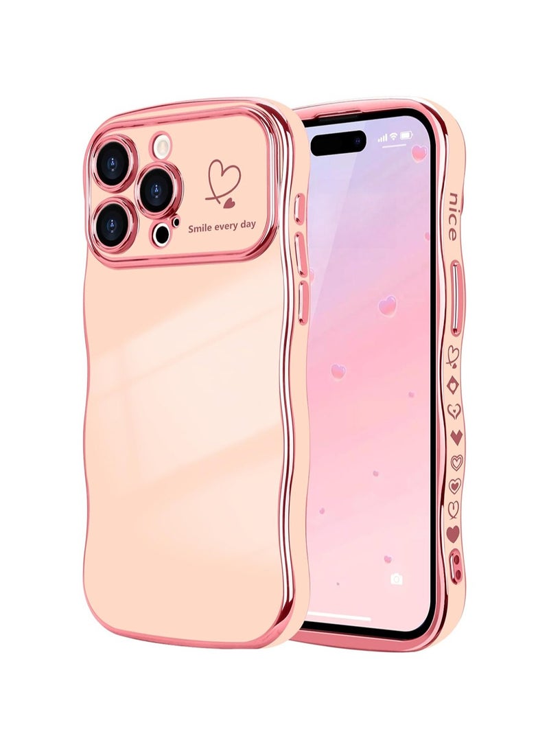 WRISTWISE Case Cover for iPhone 14 Pro for Women Girls, Cute Wave Frame Curly Shape with Love Heart Pattern Raised Camera Protection Cover Luxury Plating Shockproof Case, Pink - Image 1