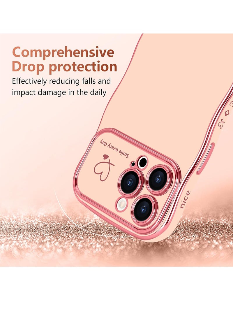 WRISTWISE Case Cover for iPhone 14 Pro for Women Girls, Cute Wave Frame Curly Shape with Love Heart Pattern Raised Camera Protection Cover Luxury Plating Shockproof Case, Pink - Image 2