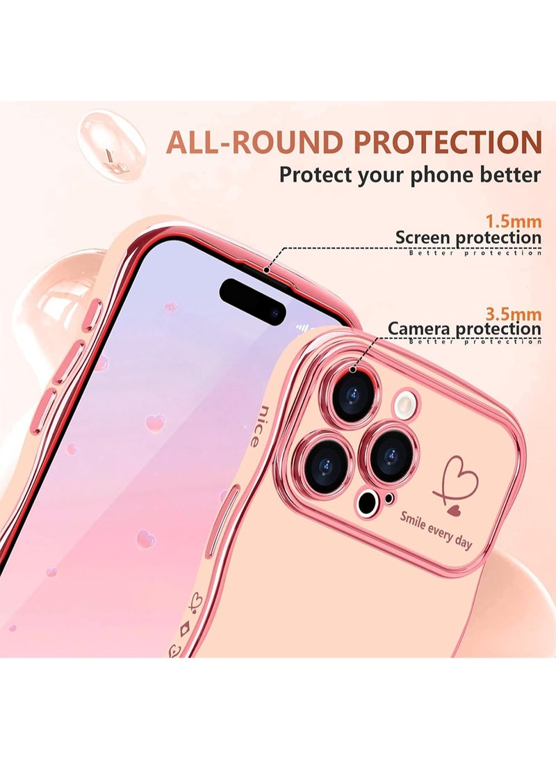 WRISTWISE Case Cover for iPhone 14 Pro for Women Girls, Cute Wave Frame Curly Shape with Love Heart Pattern Raised Camera Protection Cover Luxury Plating Shockproof Case, Pink - Image 3