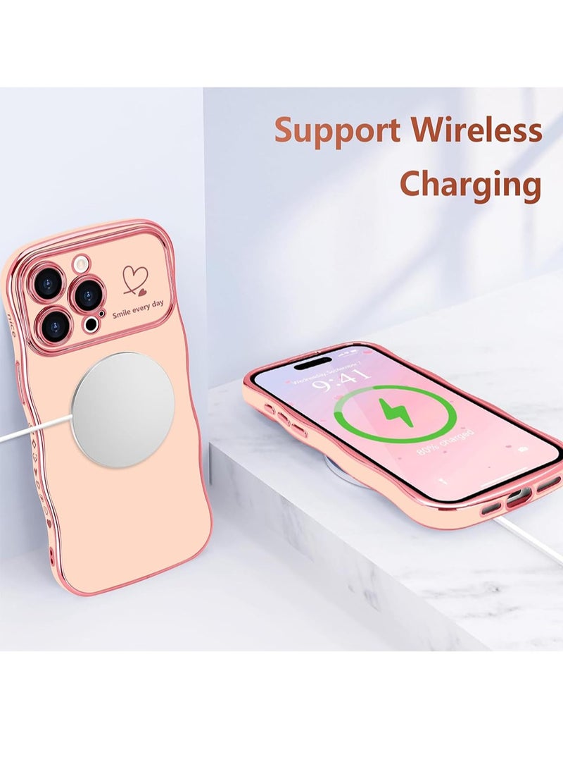 WRISTWISE Case Cover for iPhone 14 Pro for Women Girls, Cute Wave Frame Curly Shape with Love Heart Pattern Raised Camera Protection Cover Luxury Plating Shockproof Case, Pink - Image 4