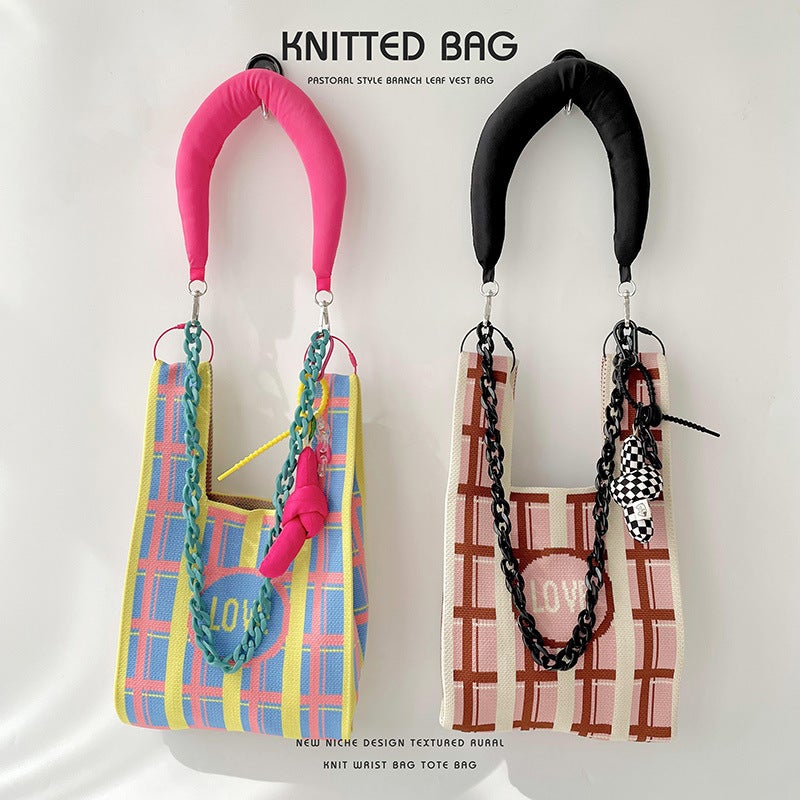 Niche Design Striped Love Knitted Shoulder Handbag Women'S All-Match High-Grade Large Capacity Tote Bag Sale - Image 3