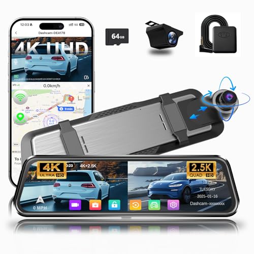 Aprilboy Mirror Dash Cam 4K Front and 25K Rear IMX415 Rearview Mirror Camera for Cars 58GHz WiFi WDR GSensor Night Vision Reverse Assist Included 64GB Card - Image 1