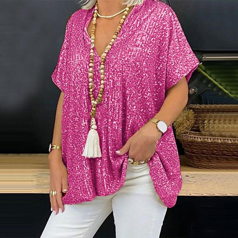 2025 New and Short-Sleeved Urban Casual Color Loose Pullover Sequined V Neck T-Shirt Tops for Women - Image 5