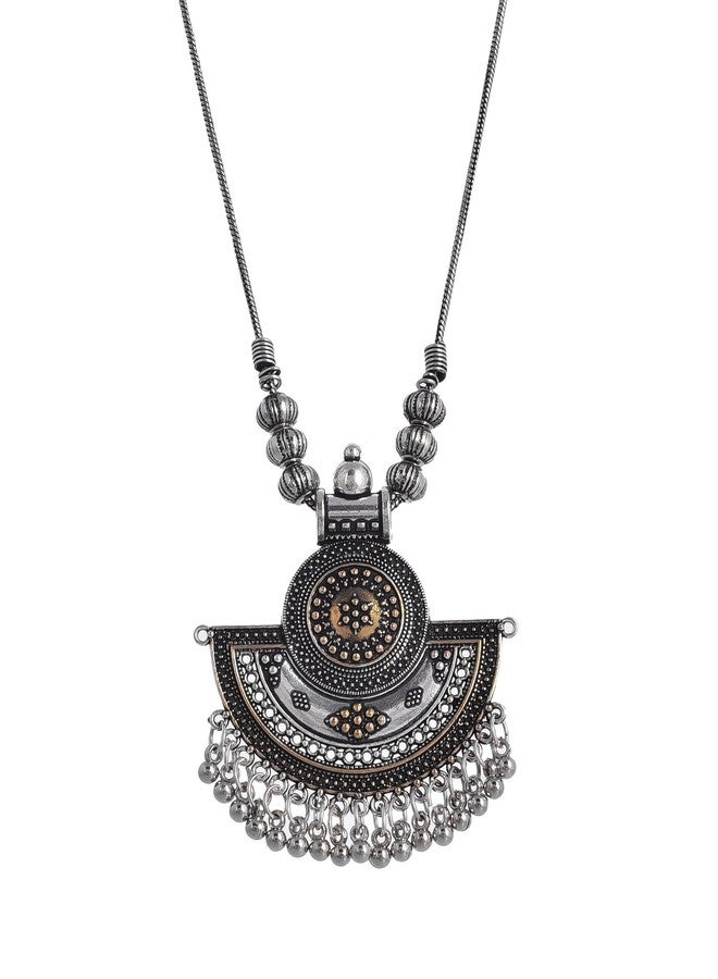 NAMAN ARTS Oxidised Dual Tone Fan Shaped Pendant Necklace for Women | Antique Semicircle Charm with Drops | Pure Brass Lightweight Ethnic Boho Chain Necklace - Image 1