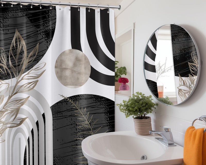 QGHOT Mid Century Modern Black and White Shower Curtain Cool Charcoal Grey Silver Shower Curtains for Mens Bathroom Decor Sets, Abstract Boho Pattern, Waterproof Cloth Fabric with Hooks 70x72 in - Image 2