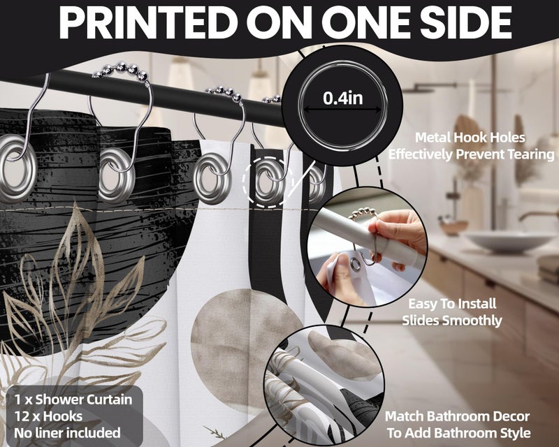 QGHOT Mid Century Modern Black and White Shower Curtain Cool Charcoal Grey Silver Shower Curtains for Mens Bathroom Decor Sets, Abstract Boho Pattern, Waterproof Cloth Fabric with Hooks 70x72 in - Image 5
