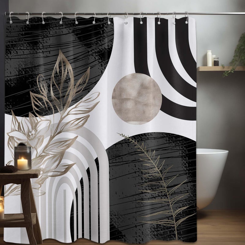QGHOT Mid Century Modern Black and White Shower Curtain Cool Charcoal Grey Silver Shower Curtains for Mens Bathroom Decor Sets, Abstract Boho Pattern, Waterproof Cloth Fabric with Hooks 70x72 in - Image 3
