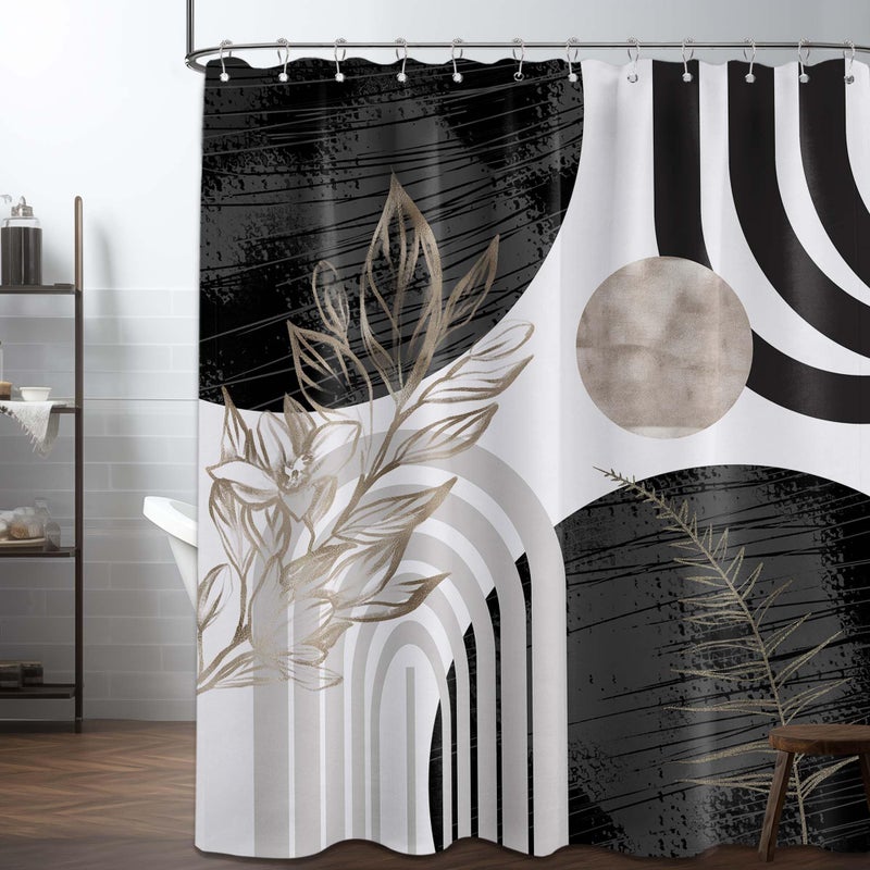 QGHOT Mid Century Modern Black and White Shower Curtain Cool Charcoal Grey Silver Shower Curtains for Mens Bathroom Decor Sets, Abstract Boho Pattern, Waterproof Cloth Fabric with Hooks 70x72 in - Image 1
