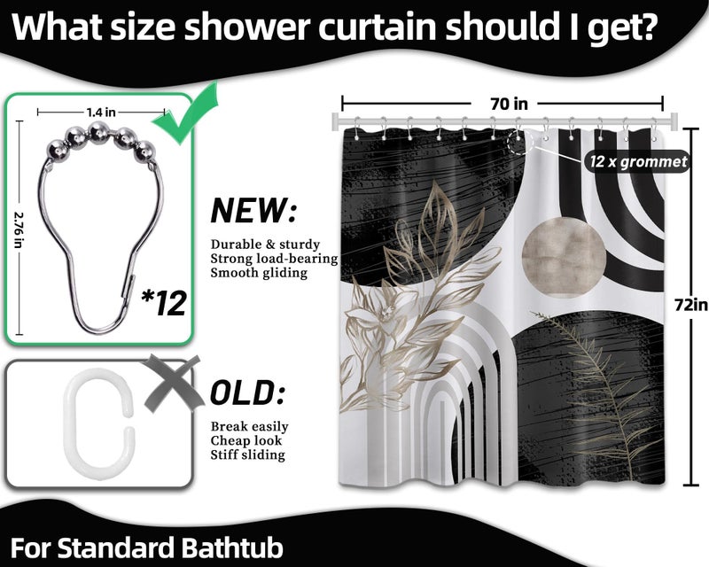 QGHOT Mid Century Modern Black and White Shower Curtain Cool Charcoal Grey Silver Shower Curtains for Mens Bathroom Decor Sets, Abstract Boho Pattern, Waterproof Cloth Fabric with Hooks 70x72 in - Image 4