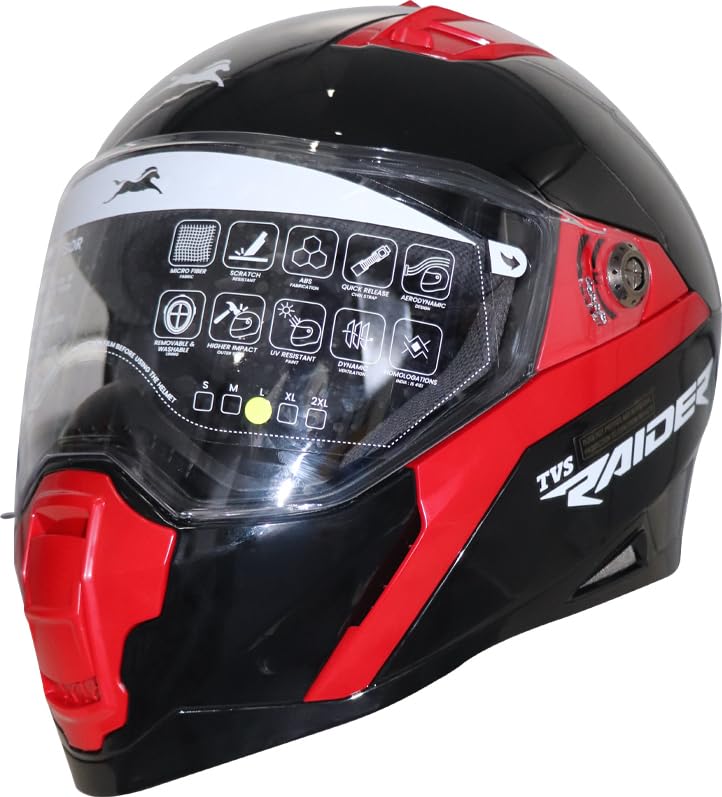 TVS Raider Lightweight Full Face Helmet for Man and Woman with Clear and Scratch Resistant Visor, ISI DOT Certified |Quick-Release Buckle|Bike Helmet (Colour: Red, Size: L) - Image 1