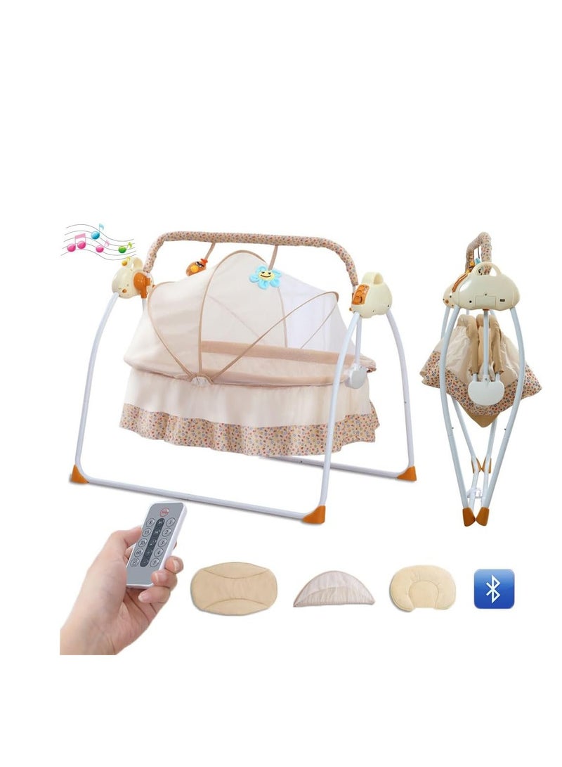 Baby Cradle, Electric Infant Swing Bed with Safety Belt/Bluetooth Music Player,Kids Rocking Crib Bedside Hammock with Mosquito Net,Mattress,Pillow for 0-2 Years Toddlers,Foldable Newborn Bassinet (C)  - Image 1