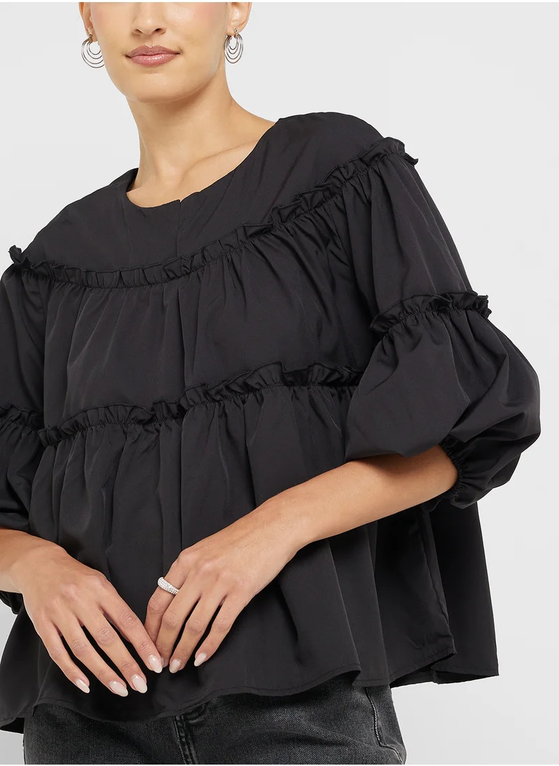 Ginger Balloon Sleeves Tiered Peasant Boho Top