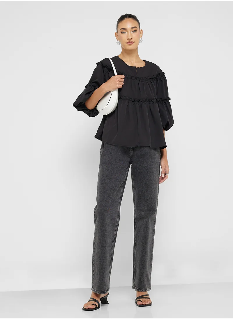 Ginger Balloon Sleeves Tiered Peasant Boho Top