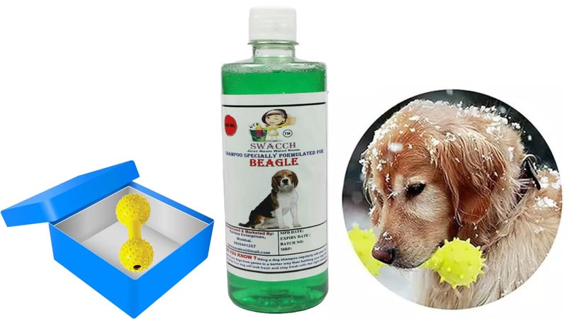 swacch Beagle Dog Shampoo + Dumbbell Toy I Durable Rubber Dog Toy for Chewing I Playing,Teeth Cleaning & Training Toy I Combo Pack I 500ml Neem Alovera - Image 1