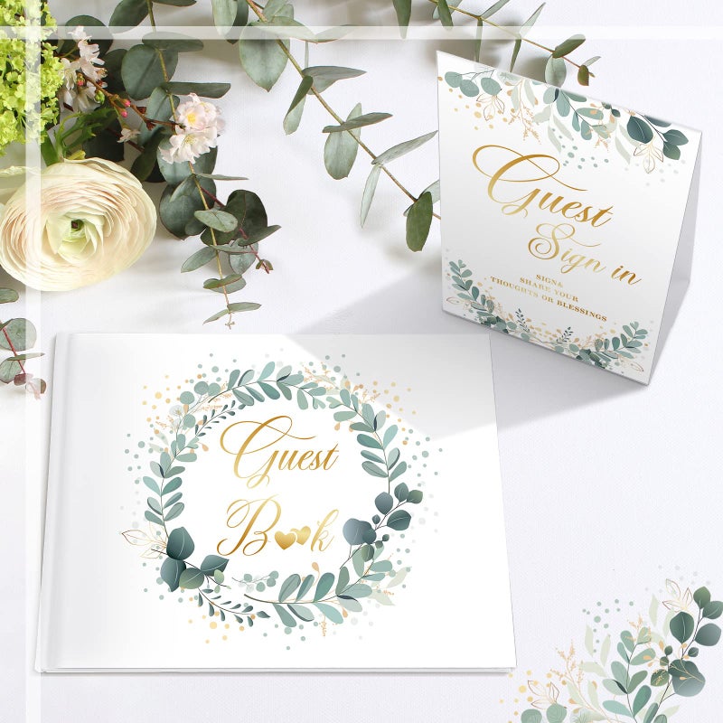 Geyee Geyee 3 Pcs Wedding Guest Book Set, Wedding Reception Registry Book with Pen and Holder Guestbook Registry Table Sign for Bridal Proposal(Eucalyptus)  - Image 4