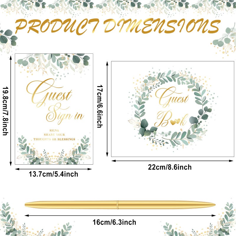 Geyee Geyee 3 Pcs Wedding Guest Book Set, Wedding Reception Registry Book with Pen and Holder Guestbook Registry Table Sign for Bridal Proposal(Eucalyptus)  - Image 2